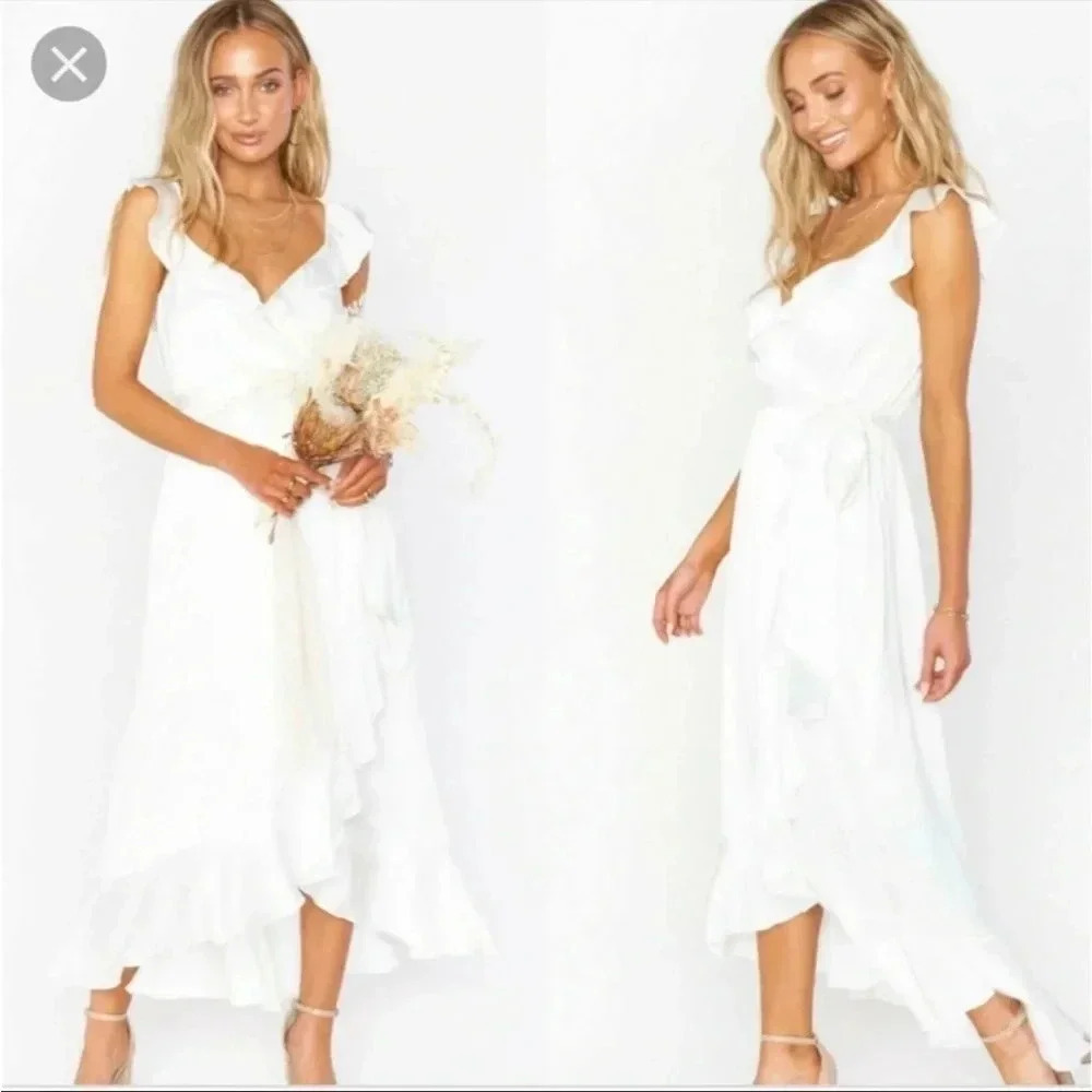 Show me your mumu white satin ruffle midi dress